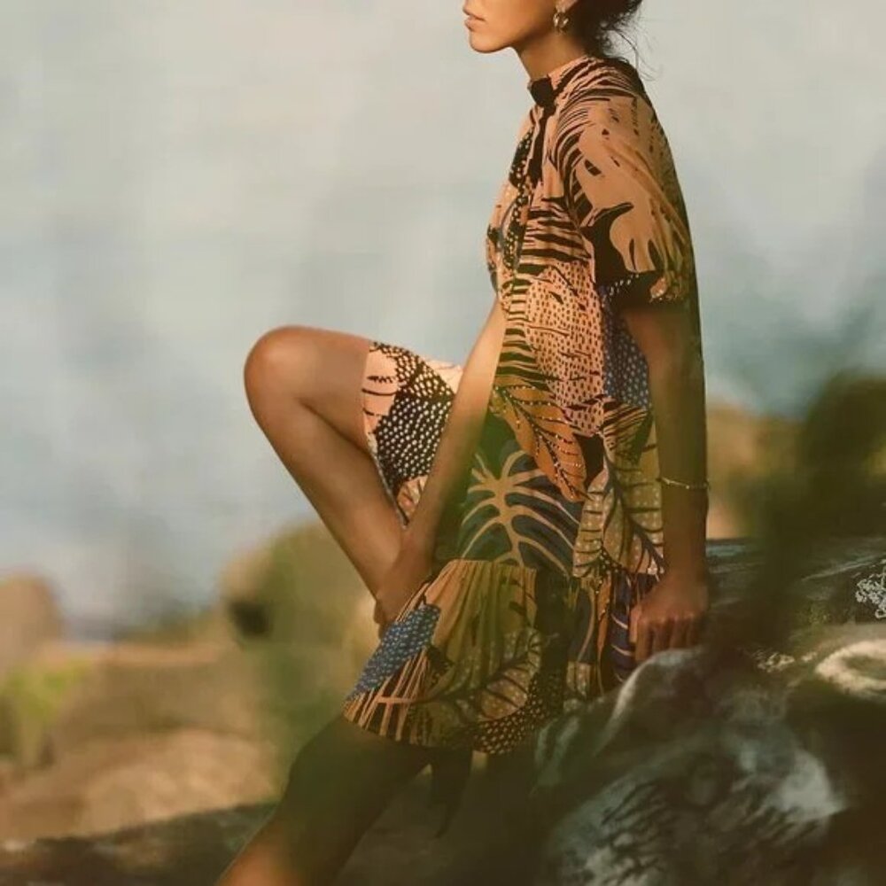 EUC Corey Lynn Calter x Anthropologie Sonia Palm Print Tiered Shift Dress SZ S